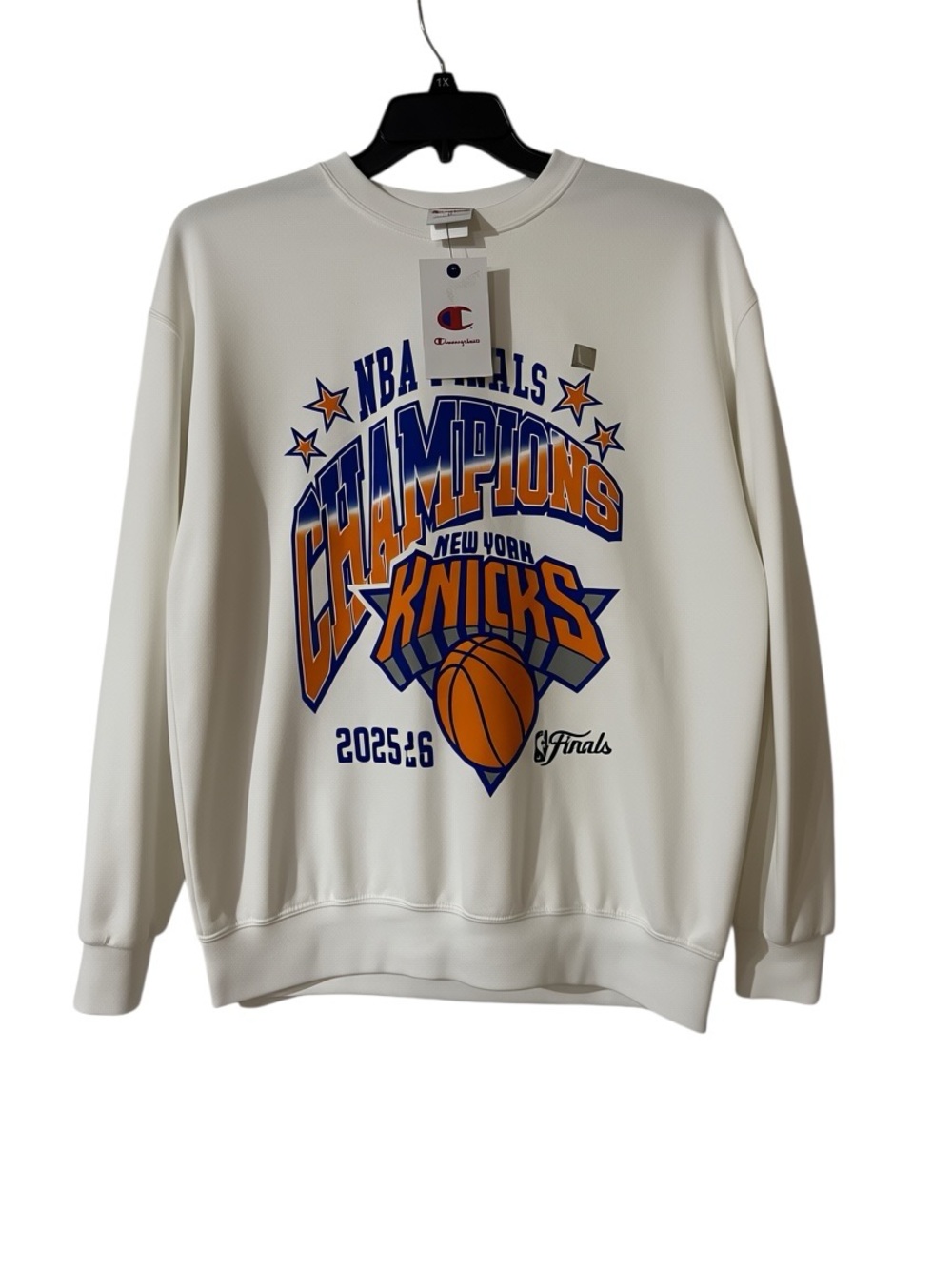 Champion White Crewneck Sweatshirt with Blue and Orange Knicks Graphic